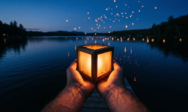 A glowing wooden cube lantern held by hands over a serene lake at dusk, with warm amber light and floating lights in the dark blue twilight sky