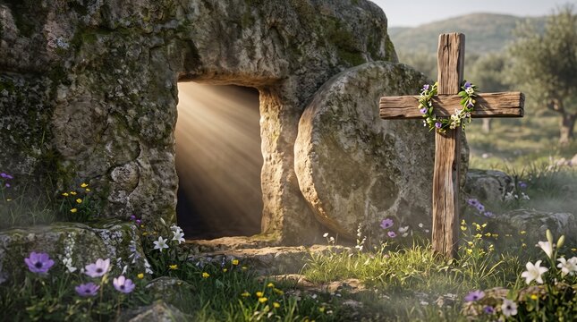 Empty tomb of Jesus with wooden cross and light rays