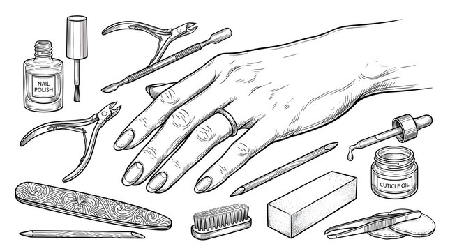 Detailed manicure nail sketch and professional salon tool collection