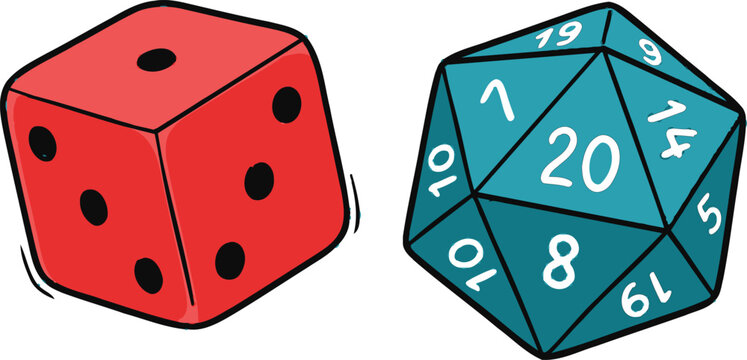 D&D Dice Set Red Six Sided Die and Blue Twenty Sided Polyhedral