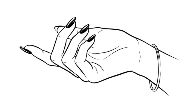 Woman hand nail sketch showing elegant long manicure and bracelet