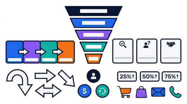 Digital marketing sales funnel infographic with icons representing customer journey stages and conversion process flow elements