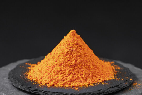 stigma of red saffron powder crocus sativus on a black slate stone tray