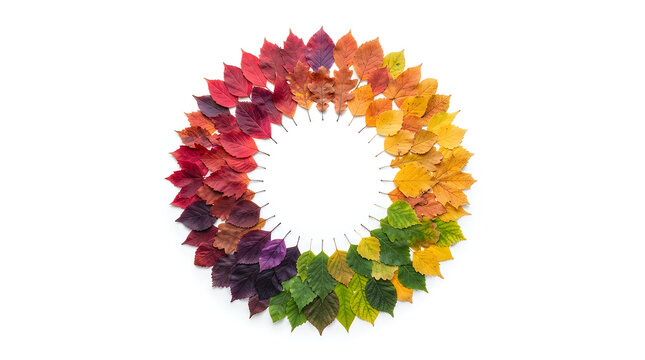 Colorful autumn maple leaves arranged in a circular wreath isolated on a white background