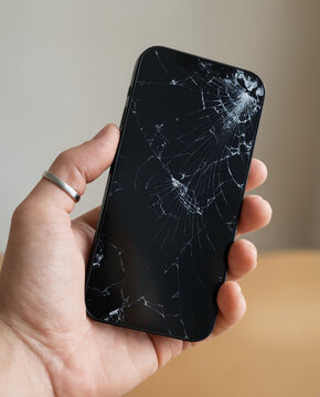 Hand Holding Smartphone with Cracked Screen After Accidental Damage