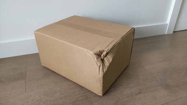 Damaged Cardboard Delivery Box with Crushed Corner on Apartment Floor