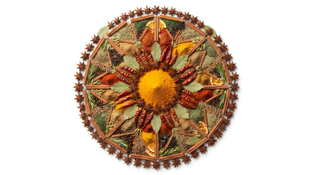 Circular mandala pattern made of assorted colorful dried spices and herbs on a transparent background