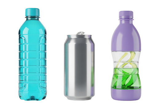 Plastic water bottles and metal soda can drink containers isolated on transparent background
