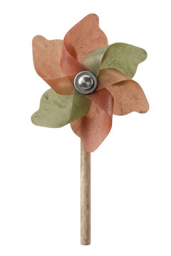 Wind pinwheel isolated on a transparent or white background. Classic outdoor childhood toy, autumn seasonal nature game and traditional yard decoration accessory.