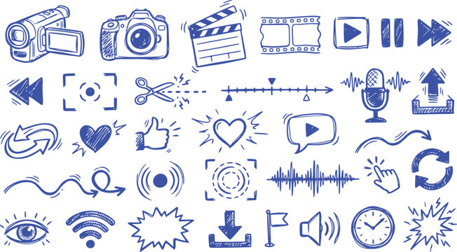 Media and communication icons hand drawn in blue ink display cameras, video players, and audio symbols arranged neatly across a clean white surface for creative projects.