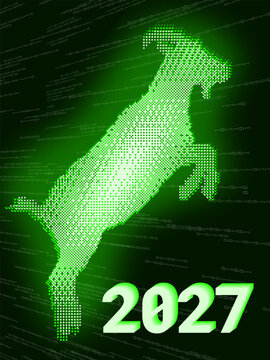 2027 New Year Greeting Card in Matrix Style with Digital Date, Bitmap Typography, Pixel Grid and Futuristic Technology Design on Dark Background