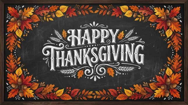 Happy thanksgiving chalkboard lettering with colorful autumn leaves border illustration