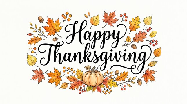 Happy thanksgiving watercolor lettering with colorful autumn leaves and floral elements