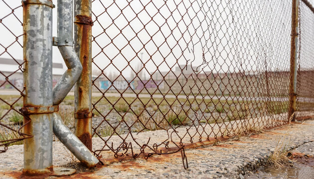 Rusty chain-link fence with bent and broken sections in an outdoor setting.