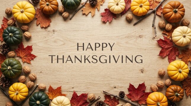 Festive thanksgiving arrangement with pumpkins autumn leaves and a rustic wooden background