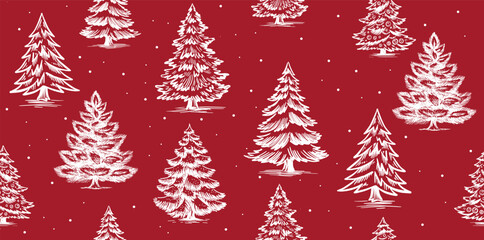 Obraz premium Christmas tree pattern on red. Hand drawn illustration. 