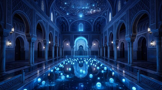 Ornate palace hall with glowing blue orbs floating in a central water pool