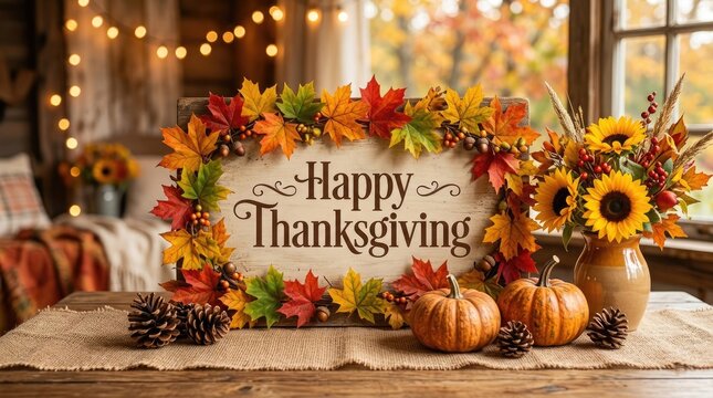 Festive thanksgiving table setting with autumn flowers pumpkins and warm lighting