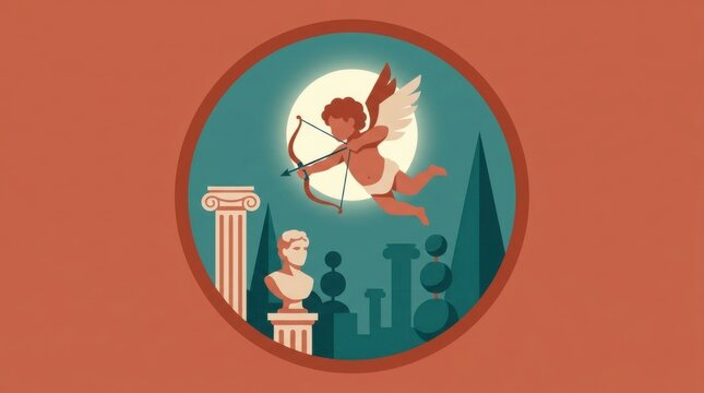 Cupid with bow and arrow flying in a circular frame with classical statues and columns, symbolizing love and romance
