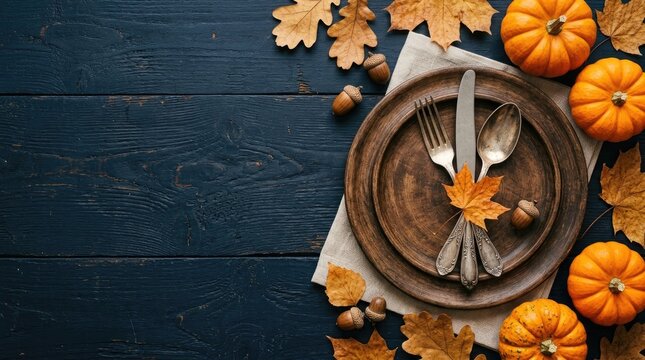 Autumnal table setting with pumpkins and fall leaves on dark wood background