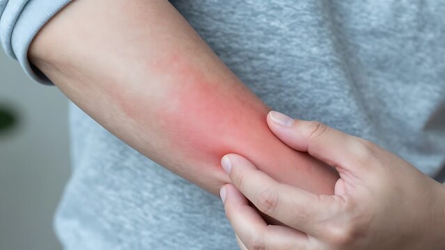 Person scratching an itchy red rash and skin irritation on their arm with fingers for allergy, dermatitis, eczema, insect bite, and medical symptom treatment concepts.
