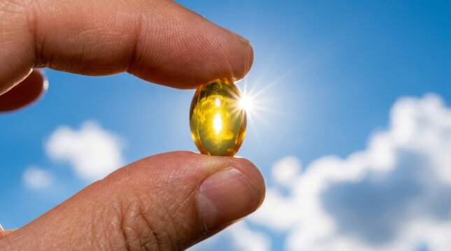 Hand holding a golden vitamin D capsule against a bright blue sky with sun flare, symbolizing health and natural sunlight benefits