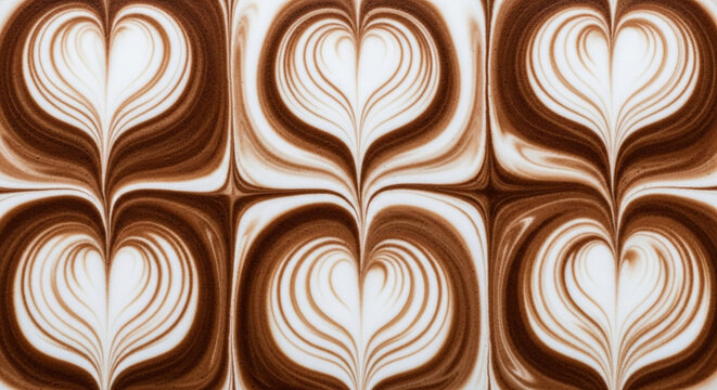 A stunning visual arrangement showcases rich brown and creamy milk art featuring repeated heart shapes forming a continuous beverage pattern ideal for culinary and cafe themed creative projects