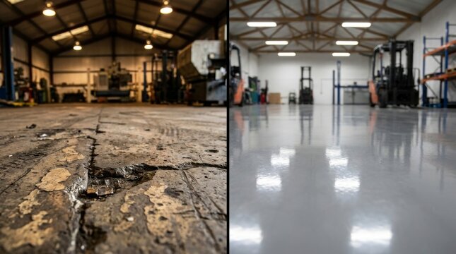 Before and after comparison of an old, damaged concrete floor and a new, smooth epoxy resin floor in an industrial warehouse setting