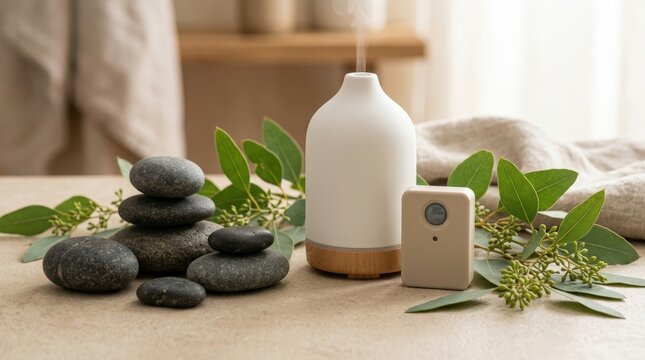 Spa still life with smooth black stones and essential oil diffuser