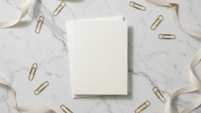 Blank White Greeting Card Mockup with Golden Paper Clips and Silk Ribbon on Marble Background Flat Lay