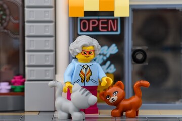 Fototapeta premium Tambov, Russian Federation - September 19, 2026 A Lego grandmother minifigure standing on a sidewalk in front of a shop, smiling at a grey cat and an orange cat.