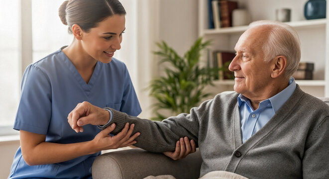 Smiling home care nurse supporting elderly man with in-home patient care and home nursing, providing compassionate elder care for personalized senior care and aging population support.