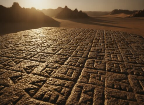 Ancient stone tablet with carved geometric patterns and symbols in a vast desert landscape at sunset, evoking mystery and historical discovery