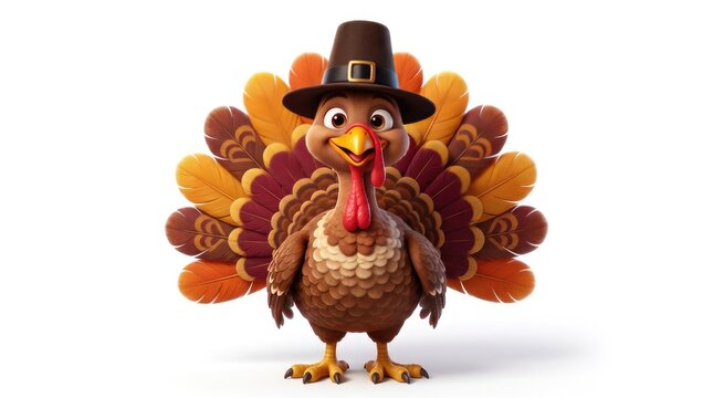 Adorable cartoon turkey wearing a pilgrim hat standing on a white background