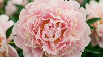 Obraz premium Close-up of a beautiful light pink peony flower in full bloom, showcasing delicate petals and vibrant natural colors