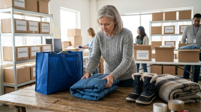 Mature woman volunteering at a community donation center, folding clothes for charity with other people working in the background