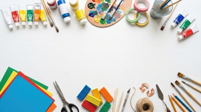 Art supplies arranged in a loose frame on white workspace