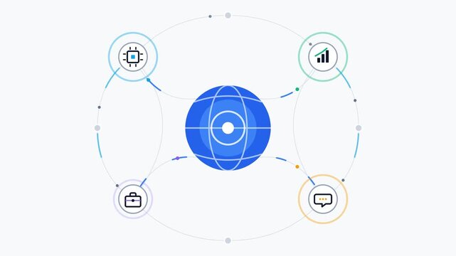 Global business network 2D animated rotating globe surrounded by technology and communication icons, including finance symbols.