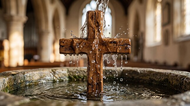 Water splashing over a rustic wooden cross inside a baptismal font in a church setting