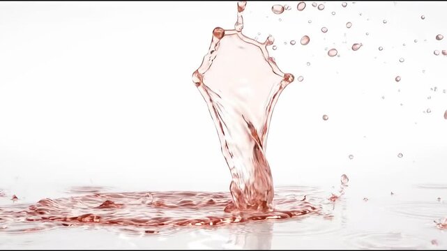Dynamic splash of pink liquid creating an abstract crown shape with droplets frozen in motion against a bright white background