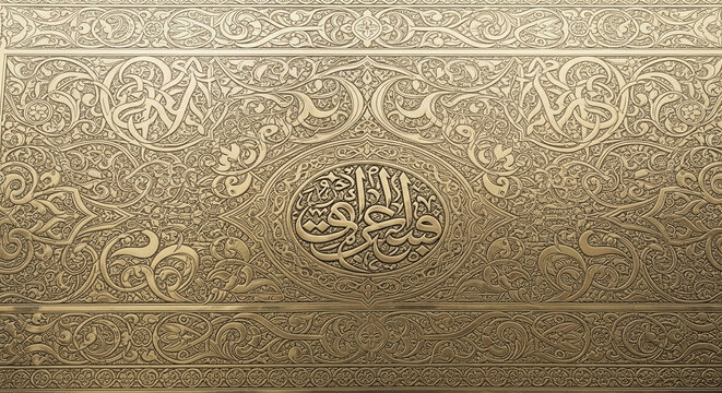 Intricate golden ornamentation showcases traditional arabic calligraphy and luxurious metallic engraving displaying heritage craftsmanship across a magnificent historical surface panel