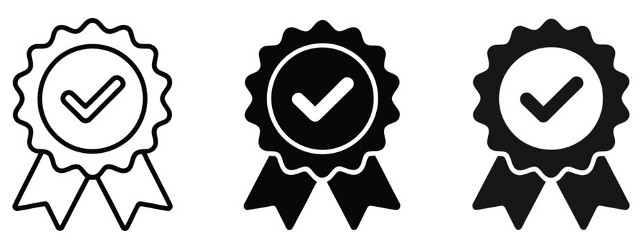 Approved icon featuring certified medal symbols for verification, certification, quality control, achievement, validation, trust, recognition, and authorized status vector, design
