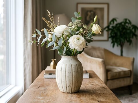White ranunculus flowers in ceramic vase on wooden console table