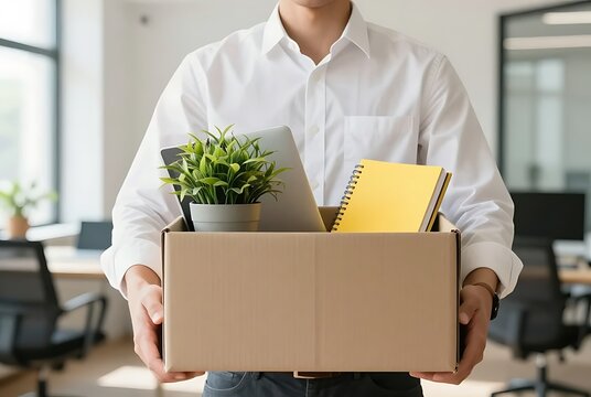 Employee holding a cardboard box filled with personal belongings, laptop, and office plants, symbolizing resignation, job change, career transition, or layoff in a modern office environment.