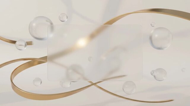 Luxury Frosted Glass Card Mockup with Gold Ribbon and Floating Water Droplets Clean 3D Motion Background Loop