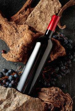 Bottle of red wine with stones, dried snags, and blue grapes.