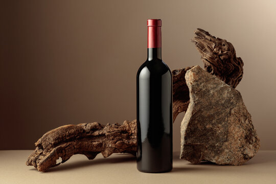 Bottle of red wine with old snag and a piece of granite rock on a beige background.