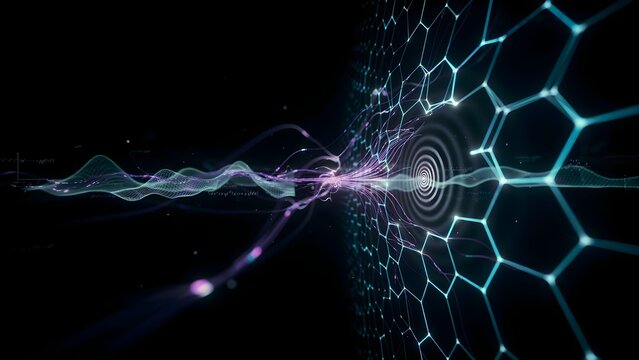 3D render of a machine learning grid with luminous geometric patterns and mathematical data visualization