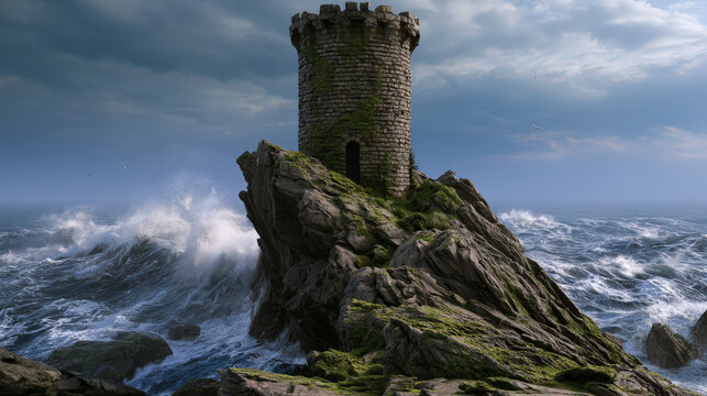 Majestic Medieval Stone Watchtower on a Rugged Cliff Edge Overlooking a Stormy Sea, Moss on Ancient Bricks, Dramatic Lighting, , ,