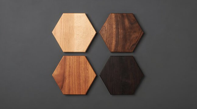Collection of four hexagonal wooden material samples with various wood grains and shades from light oak to dark walnut arranged on a dark background for interior design and decor concepts.